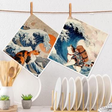 Imagem de Panos de prato suecos de gato japonês para cozinha, 2 peças de conjunto de panos de prato suecos com estampa de onda fofo, reutilizável, lavável, absorvente, macio, durável, toalha de prato para