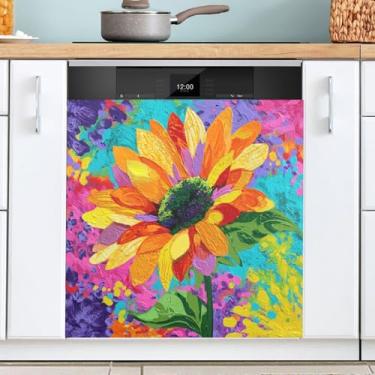 Imagem de Capa de ímã de lava-louças com estampa roxa de flor de girassol decoração de cozinha reutilizável para lava-louças decalque para painel de armários eletrodomésticos 58 x 66 centímetros