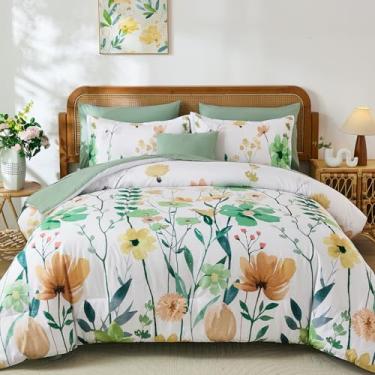 Imagem de Anibedding Conjunto de edredom Queen com 8 peças, aquarela verde, floral, tamanho Queen, em uma bolsa, conjunto de edredom com fronha, lençol para todas as estações