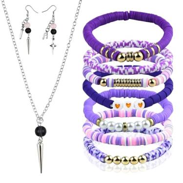 Imagem de LATUMCO Conjunto de 10 pulseiras elásticas roxas KPop, joias empilháveis de contas da amizade com brincos e colar, acessórios KPop Merch presentes para mulheres, lembrancinhas de festas de aniversário