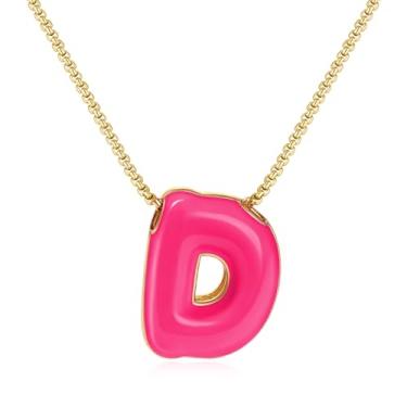 Imagem de KissYan Colar com letras de bolha, banhado a ouro 14 K, pingente de caixa com inicial de balão colorido, joia delicada para presente, Adjustable, Cobre, Sem Pedra Preciosa