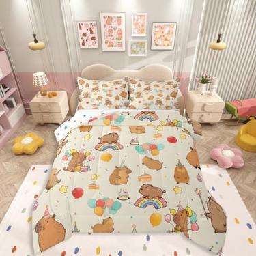 Imagem de Erosebridal Lindo conjunto de cama de capivara, tamanho casal, para crianças, roedores, animais, feliz aniversário, bolo, edredom para quarto de meninas, adolescentes, adultos, balões coloridos