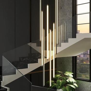 Imagem de Luminária pendente LED moderna para escada, lustre longo giratório com 12 lâmpadas, dimerizável, em alumínio, ajustável, para teto oco de villa, ideal para sala de estar, hotel e corredor (l