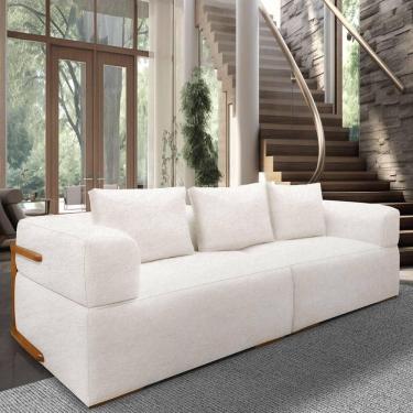 Imagem de Sofá 4 Lugares 2,80m Em Tecido Bouclé Com Aplique Em Madeira – Scott Lucadi Off White