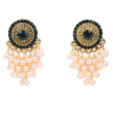 Imagem de fxmimior Brincos indianos Jhumka com círculo, cristal, branco, pérola, borla, pingente, brincos circulares para mulheres, festivais étnicos de Bollywood, festa de formatura, bijuteria, Medium, Metal