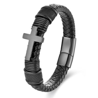 Imagem de VANFORWYN Pulseira masculina trançada de cruz preta de aço inoxidável de couro genuíno para homens, Medium, Couro, Sem Pedra Preciosa