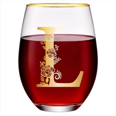 Imagem de Taça de vinho com monograma floral sem haste exclusiva gravada com inicial para tinto ou branco 425 g copo de vinho letra L - presentes para mulheres, homens, presentes de aniversário, Natal,