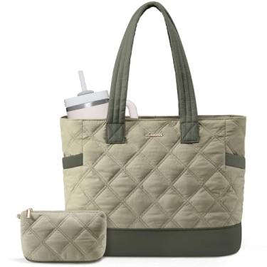 Imagem de LOVEVOOK Sacola feminina, bolsa de trabalho acolchoada com zíper para viagem, uso diário, bolsa de ombro de enfermeira, Verde feijão - verde oliva, 15.6 Inch