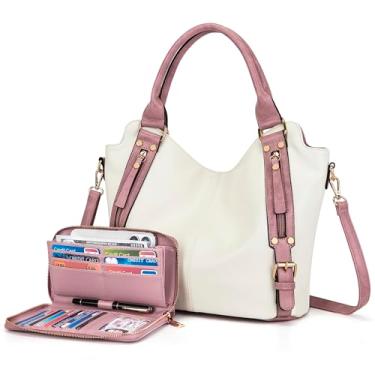 Imagem de Bolsas transversais para mulheres, bolsa Hobo grande, bolsa de ombro de couro PU, conjunto de carteira feminina 2 peças, Z branco e rosa, Large, S1139