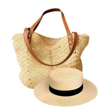 Imagem de Bolsa de palha grande para senhora com chapéu de Paris, elegante para praia (Bege)