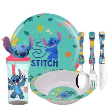 Imagem de Kit Refeição Infantil Melamina Stitch Disney 6 Peças Incluso Copo Com Canudo 3d - Tuut