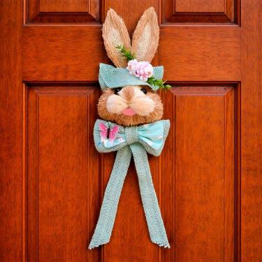 Imagem de Decoração De Páscoa Pendente Cabeça Coelho Em Palha Com Laço