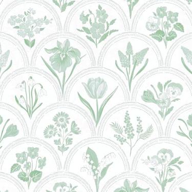 Imagem de Froluya Papel de parede de contato floral 43 x 499 cm branco e verde papel de parede removível à prova d'água para cozinha banheiro vinil decorativo