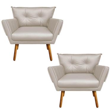 Imagem de Kit 02 Poltronas Corino Bege Pés Palito Castanho D´rossi