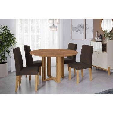 Imagem de Conjunto: Mesa Sala Jantar Flora Tampo Madeirado 109cm e 4 Cadeiras Maia Cinamomo - Nature/Suede Mascavo Chocolate Cimol