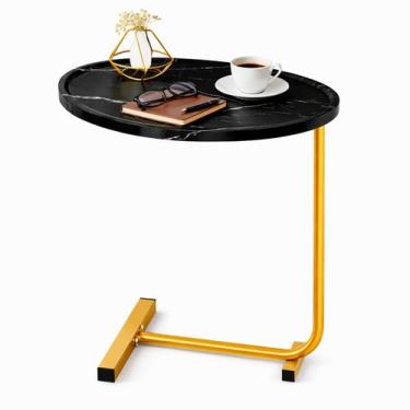 Imagem de Mesa Lateral Vitino Siena Noir Tampo MDF Oval Marmorizado Base Dourada
