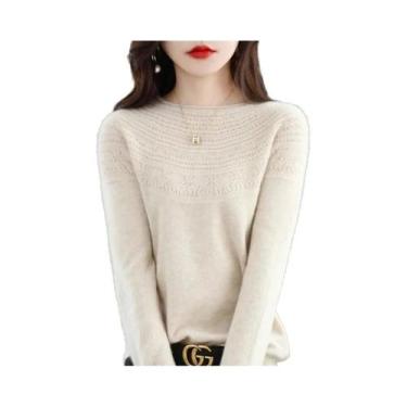 Imagem de Suéter Feminino De Lã Merino 100% Tricotado Com Gola Redonda E Detalhe