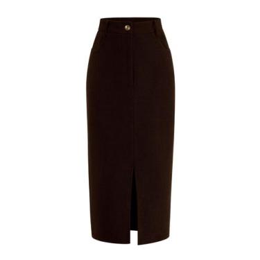 Imagem de Saia Lápis Midi Cotelê de Cintura Alta PRETTYGARDEN Cor Café
