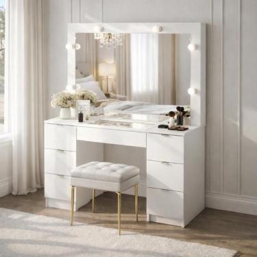 Imagem de Penteadeira Camarim com Espelho 7 Gavetas França - Politorno, Branco