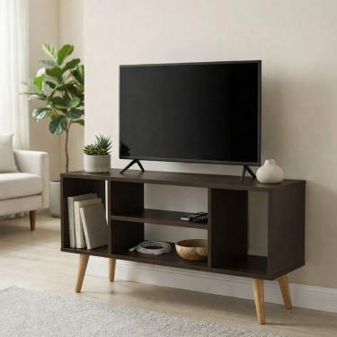 Imagem de Rack Retrô Imbuia Para Tv Paris 4 Nichos Pés Madeira Maciça