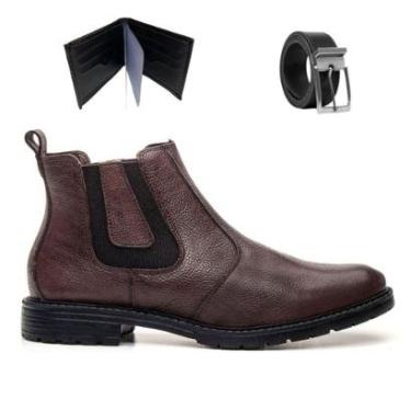 Imagem de Bota Masculina Chelsea Casual Couro Legitimo Macio Sola de Borracha Com Carteira e Cinto 3001F Café-Masculino