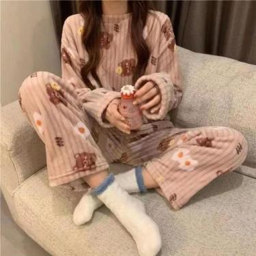 Imagem de Conjunto De Pijamas Femininos Quentes De Flanela Com Manga Longa Em Ve