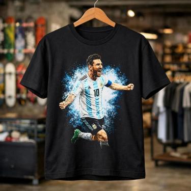 Imagem de Camisa Masculina Preta Argentina Messi Estampa Futebol Torcedor Estilo Camiseta Algodão...