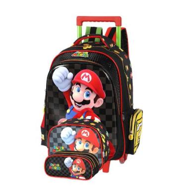 Imagem de Kit Mochila Escolar Rodinhas + Lancheira + Estojo Triplo Super Mário -