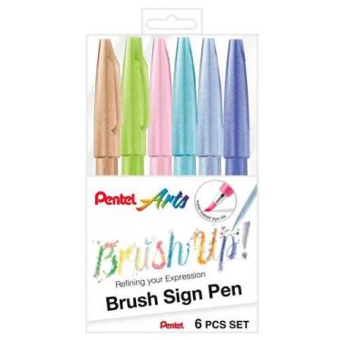 Imagem de Caneta Brush Sign Pen Estojo com 6 Cores Pastéis - Pentel