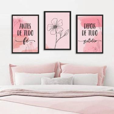 Imagem de Kit 3 Quadros Decorativos Sobre Fé e Gratidão Rosa