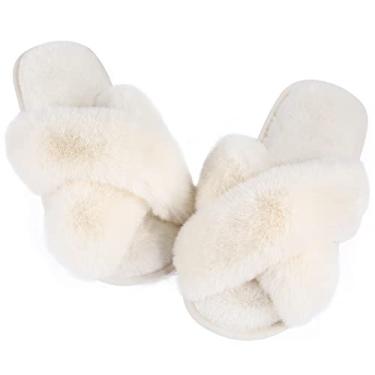 Imagem de Ankis Pantufas femininas felpudas de espuma viscoelástica, faixa cruzada, aconchegante, felpudo, bico aberto, para uso doméstico, para uso interno e externo, Branco, 7-8