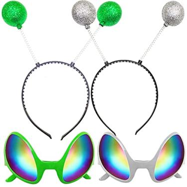 Imagem de Poptrend 2 Pairs Alien Headband and Glasses, Sunglasses, Glitter Green Silver Boppers Antenna Headband Set, Alien Costume Party Favors Accessories for Adults and Kids (green+silver)