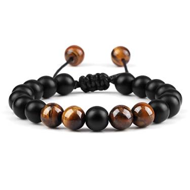 Imagem de Pulseiras ajustáveis para casais de 8 mm contas preto branco trança macramê pulseira para mulheres homens joias à distância - preto fosco, Cristal