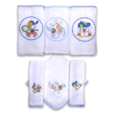 Imagem de Kit 6 Fraldas De Pano Bordadas (3 De Ombro + 3 De Boca) Diversão Azul