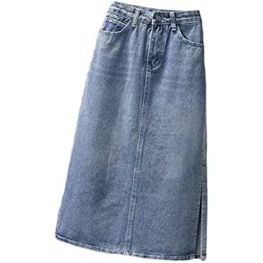 Imagem de Saia Denim - Azul Tamanho Grande Cintura Alta Saias Longas Denim, Botões Da Moda Lápis Nas Costas Dividida Saia Cowboy, Primavera E Outono Feminino Adequado Para Uso Diário,Azul,GG,Constructive23