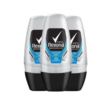 Imagem de Kit Desodorante Roll On Rexona Men Active Dry 50ml - 3 Unidades
