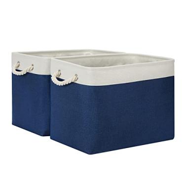 Imagem de Temary Cestas de armazenamento para prateleiras, 2 peças de caixas de armazenamento de tecido, cestas de presente vazias para organizar roupas, brinquedos, livros, cesta decorativa com alças de corda (branco e azul, 40,6 cm C x 29,8 cm L x 30,8 cm A cm)
