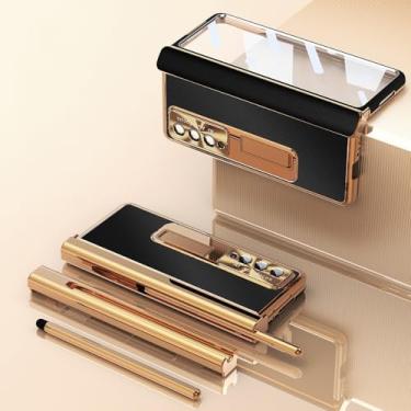Imagem de Com capa de couro revestida S Pen Fold 4 para Samsung Galaxy Z Fold 3 2 5 360 Protetor de tela cheia com suporte magnético capa de telefone, litchi preto dourado, para Samsung Z Fold 4