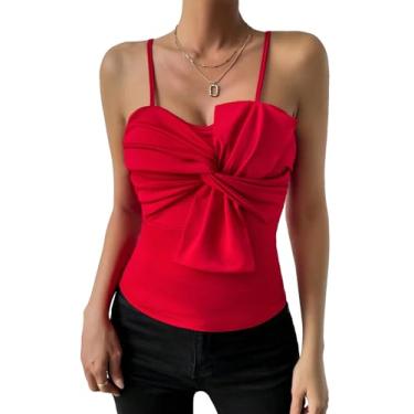 Imagem de BEAUDRM Cami feminino frente torcida lisa blusa casual alças finas sem mangas frente única camisola, Vermelho, P