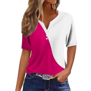 Imagem de Camisetas femininas 2024 verão Henley gola V cor sólida patchwork botão camisetas soltas confortáveis blusas modernas roupas, Rosa choque, GG