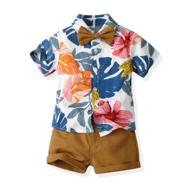 Imagem de JunNeng Conjunto de shorts para bebês meninos, roupa havaiana, camisa floral de manga curta + shorts, Marrom, 4-5 Anos