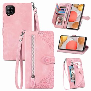 Imagem de Furiet Capa carteira compatível com Samsung Galaxy A42 5G com alça de pulso e suporte de cartão flip de couro, acessórios para celular, capa para celular A 42 G5 42A S42 4G 2021 feminina rosa