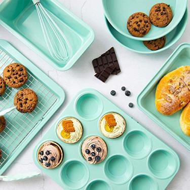 Imagem de Rorence Conjunto de utensílios antiaderentes: folha de biscoito, forma de bolo retangular, 2 formas redondas de bolo, muffin, forma de pão e suporte de resfriamento - conjunto de 7 - verde menta