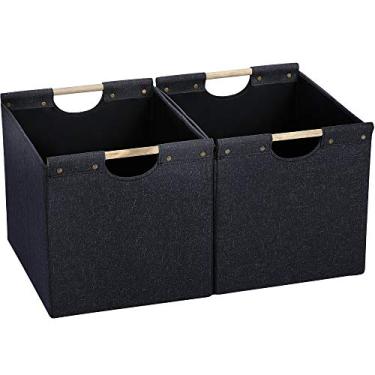Imagem de HOONEX Caixas de armazenamento grandes dobráveis, tecido de linho, pacote com 2, cestas de armazenamento com alças de transporte de madeira e papelão pesado resistente, para casa, escritório, carro,