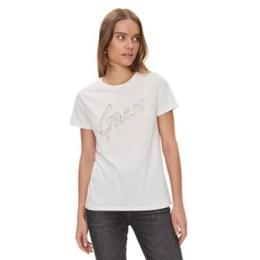 Imagem de GUESS Camiseta feminina ecológica com logotipo de renda e manga curta, Branco creme, P