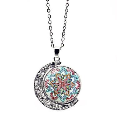 Imagem de Mandala Flor da Vida Colar com Pingente de Lua Giratória Dupla Face Feminino Cem Suéter Jóia, Metal, Sem Pedra Preciosa