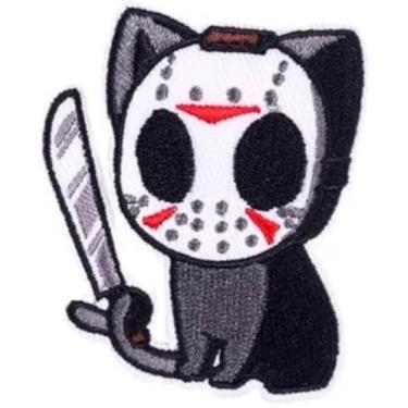 Imagem de Máscara de Jason Voorhees Fofo Gato Cinza Cinza Gato Fofo Jason Voorhees Sexta-feira 13 Clássico Filme de Terror Halloween 6 cm Ferro Sobre Bordado Patch Termoadesivo para Roupas