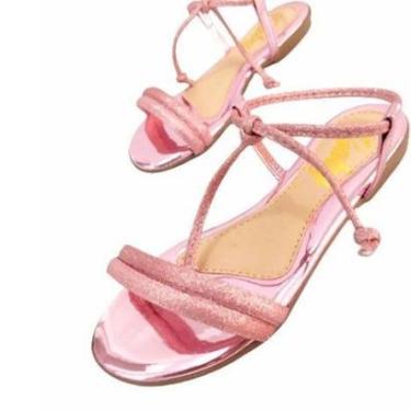 Imagem de Sandália Rasteira Feminina Infantil/Juvenil Rosa Brilho de Amarrar-Feminino