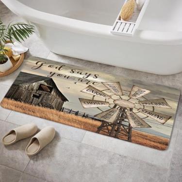Imagem de Jipusai Tapetes rústicos para banheiro com moinho de vento ocidental, citações inspiradoras, tapete de banheiro vintage, decoração de banheiro, tapete de flanela antiderrapante para banheiro 40 x 122
