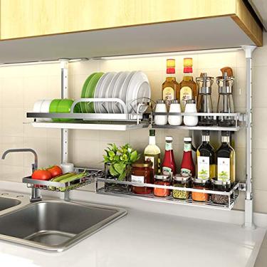 Imagem de Prateleira de secagem de louça, altura ajustável sobre a pia, escorredor de pratos suspenso entre armário e bancada resistente, economia de espaço, prateleira de armazenamento de suprimentos de